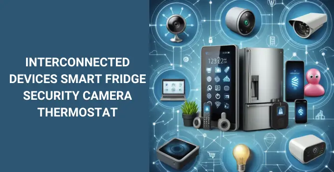 image of interconnected devices smart fridge security camera thermostat